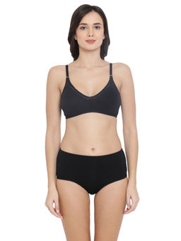 Clovia - Cotton Non-Padded Non-Wired Bra & High Waist Hipster Panty - Black