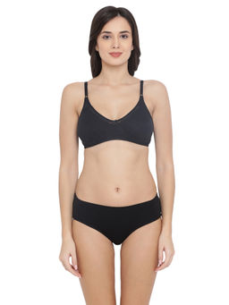 Clovia - Cotton Non-Padded Non-Wired Bra & Mid Waist Hipster Panty - Black