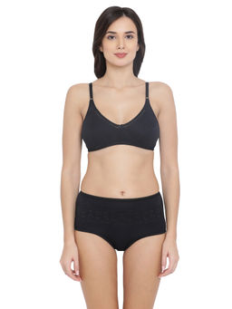 Clovia - Cotton Non-Padded Non-Wired Bra & High Waist Hipster Panty - Black