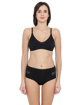 Clovia - Cotton Non-Padded Non-Wired Bra & High Waist Hipster Panty - Black