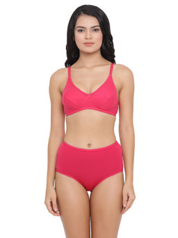 Clovia - Cotton Non-Padded Non-Wired Full Cup Bra & High Waist Hipster Panty - Pink