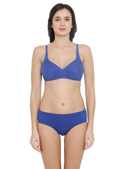 Clovia - Cotton Non-Padded Non-Wired Bra With Double Layered Cups & Mid Waist Hipster - Blue