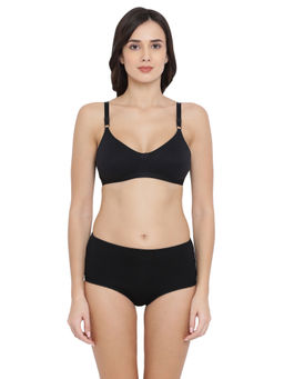 Clovia - Cotton Rich Non-Padded Non-Wired T-Shirt Bra & High Waist Hipster Panty - Black