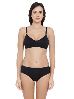 Clovia - Cotton Rich Non-Padded Non-Wired T-Shirt Bra & Mid Waist Hipster Panty - Black