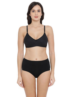 Clovia - Cotton Rich Non-Padded Non-Wired Full Cup Bra & High Waist Hipster Panty - Black