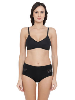 Clovia - Cotton Rich Non-Padded Non-Wired Full Cup Bra & High Waist Hipster Panty - Black