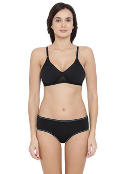Clovia - Cotton Rich Non-Padded Non-Wired Bra & Mid Waist Hipster Panty - Black