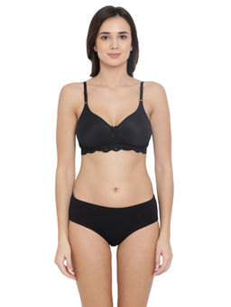 Clovia - Cotton Rich Non-Wired Spacer Cup T-Shirt Bra & Mid Waist Hipster Panty - Black