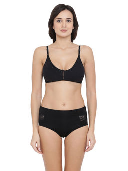 Clovia - Cotton Non-Padded Non-Wired Full Cup Bra & High Waist Hipster Panty - Black
