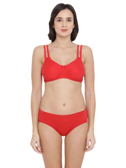 Clovia - Cotton Rich Non-Padded Non-Wired Multiway T-Shirt Bra & Mid Waist Hipster Panty - Red