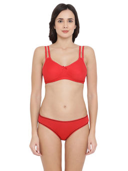 Clovia - Cotton Rich Non-Padded Non-Wired Multiway T-Shirt Bra & Low Waist Bikini Panty - Red