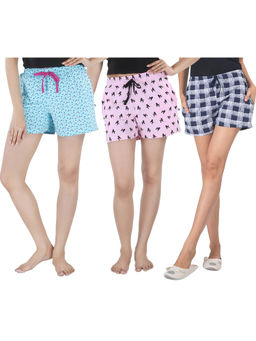 Nite Flite - Women's Cotton Sleep Shorts - Pack Of 3 Hearts- Poodle & Checks - Multi - Color