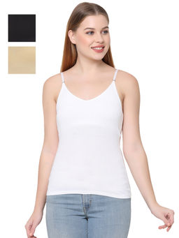 SOIE - Women's Cotton Spandex Detachable Straps Camisole- Pack Of 3 - Multi-Color