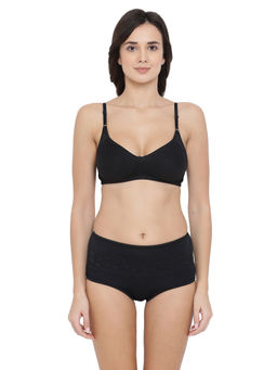 Clovia - Cotton Rich Non-Padded Non-Wired T-Shirt Bra & High Waist Hipster Panty - Black