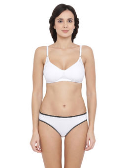 Clovia - Cotton Rich Non-Padded Non-Wired T-Shirt Bra & Low Waist Bikini Panty - White