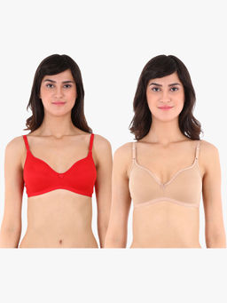 Clovia - Pack of 2 Cotton Rich Non-Wired Spacer Cup T-Shirt Bra - Red & Beige