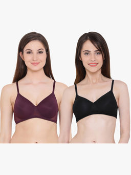 Clovia - Pack of 2 Lace Padded Non-Wired T-Shirt Bra - Purple & Black