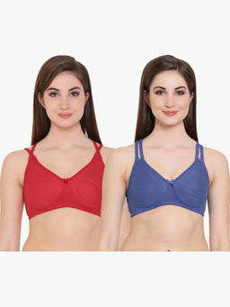 Clovia - Pack of 2 Cotton Non-Padded Non-Wired Full Coverage Multiway T-Shirt Bra - Red & Blue