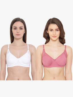 Clovia - Pack of 2 Cotton Non-Padded Non-Wired Full Coverage T-Shirt Bra with Lace - White & Pink