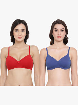 Clovia - Pack of 2 Cotton Padded Non-Wired Full Coverage Multiway T-Shirt Bra - Red & Blue
