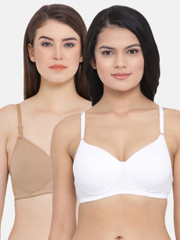 Clovia - Cotton Pack of 2 Padded Non-Wired Full Coverage T-Shirt Bra - Multi-Color