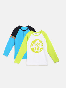 Lil Tomatoes - Boys Neon Green-Aqua Typography Combo T-Shirts (Pack of 2)