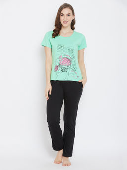 Clovia - Print Me Pretty Top & Pyjama Set-Green & Black