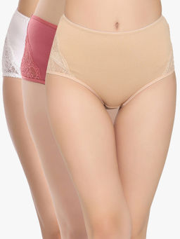 Clovia - Pack of 3 Cotton High Waist Hipster with Lace Sides - Multicolor