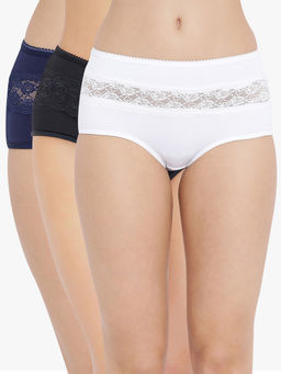 Clovia - Pack of 3 Cotton High Waist Hipster Panty with Lace Insert - Multicolor