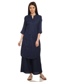 Biba - Navy Blue Solid Straight Kurta