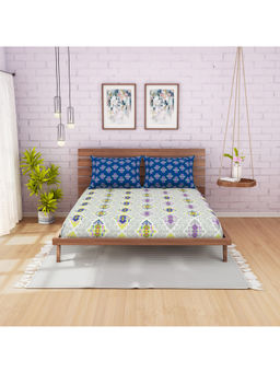 CORE Designed by SPACES - Omnia 144 Tc Blue Cotton 1 Queen Bedsheet With 2 Pillow Cover