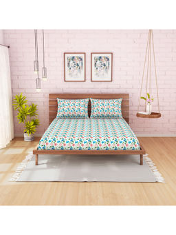 CORE Designed by SPACES - Cotton Blue Nature 210 Tc 1 Queen Bed Sheet With 2 Pillow Cover