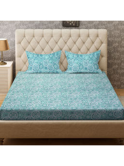 CORE Designed by SPACES - Cotton Blue Nature 104 Tc 1 Queen Bedsheet,2 Pillow Cover