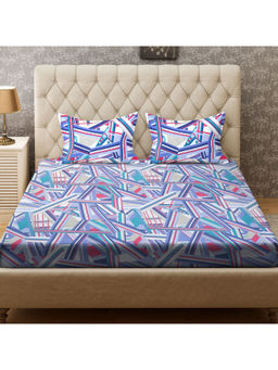 CORE Designed by SPACES - Cotton Blue Geometric 104 Tc 1 Queen Bedsheet With 2 Pillow Cover