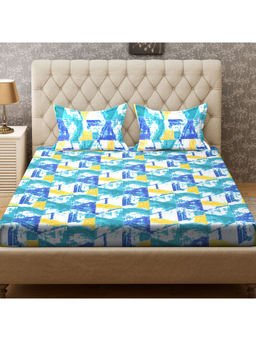CORE Designed by SPACES - Season Best 104 Tc Turquoise Cotton 1 Queen Bedsheet With 2 Pillow Cover
