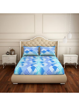 CORE Designed by SPACES - Blue Geometric Cotton 104 Tc 1 Queen Bedsheet & 2 Pillow Cover