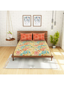 CORE Designed by SPACES - Atrium Plus Beige Floral Cotton 210 Tc 1 Queen Bedsheet,2 Pillow Cover