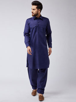 SOJANYA - Men Cotton Navy Blue Pathani Kurta And Salwar (Set of 2)