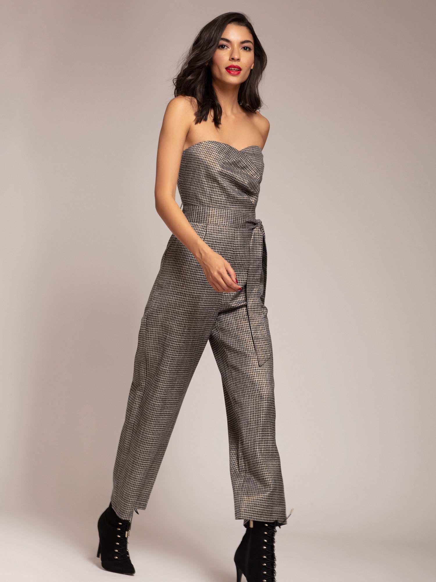 Solid Bandeau Neck Checks Jumpsuit 