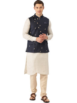 Manyavar - Men's Blue Kurta with Jacket and Churidar (Set of 3)