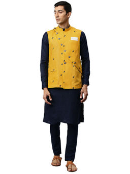 Manyavar - Men's Mustard Kurta with Jacket and Churidar (Set of 3)