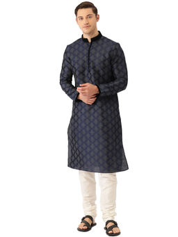 Manyavar - Men's Blue Kurta with Pencil Pajama (Set of 2)