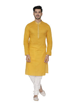 Manyavar - Dark Yellow Cotton Blend Kurta Churidar (Set of 2)
