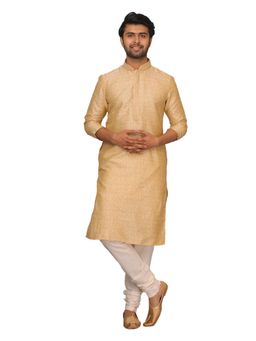 Manyavar - Silk Blend Beige Kurta with Pencil Pajama (Set of 2)