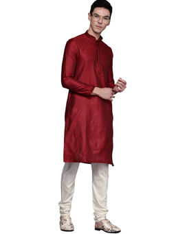 Manyavar - Maroon Silk Blend Jacquard Kurta Churidar (Set of 2)