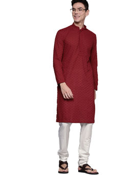 Manyavar - Maroon Viscose Blend Self Design Kurta Churidar (Set of 2)