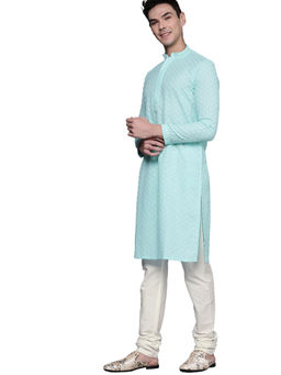 Manyavar - Green Blended Viscose Chikan Embroidery Kurta Churidar (Set of 2)