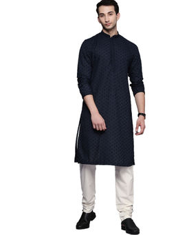 Manyavar - Blue Viscose Blend Self Design Kurta Churidar (Set of 2)