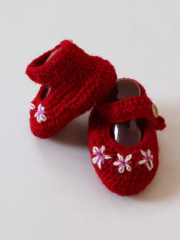 Woonie - Handmade Red Embroidered Woolen Booties