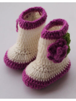 Woonie - Handmade Cream and Purple Woolen Boots